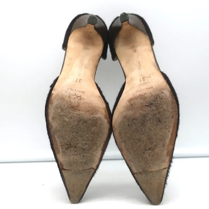 Manolo Blahnik D'Orsay Pumps Dark Brown Calf Hair Size 37 Pointed Toe Heels