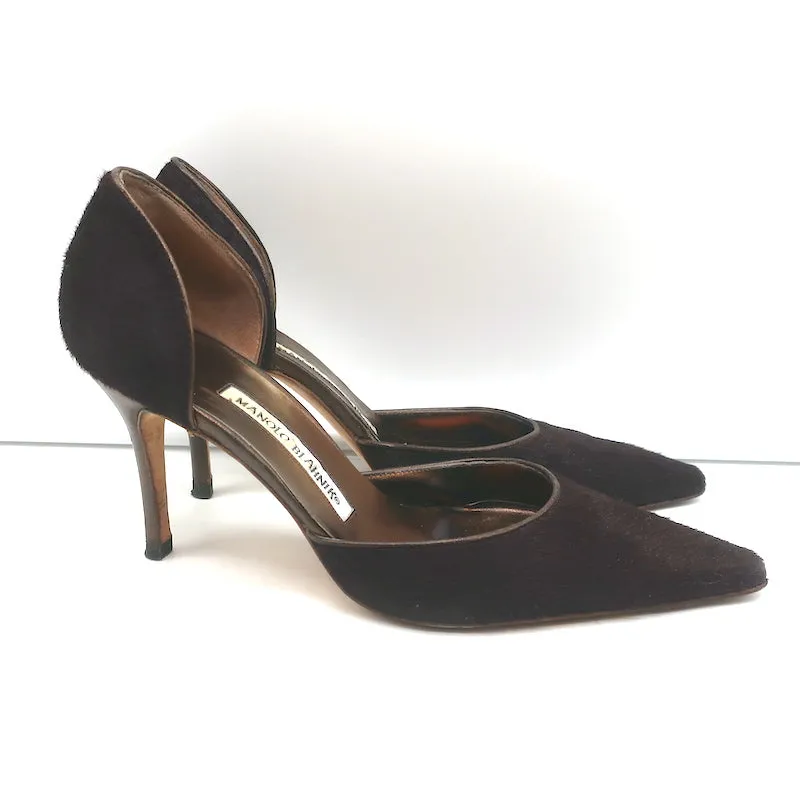 Manolo Blahnik D'Orsay Pumps Dark Brown Calf Hair Size 37 Pointed Toe Heels
