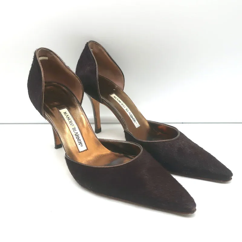 Manolo Blahnik D'Orsay Pumps Dark Brown Calf Hair Size 37 Pointed Toe Heels