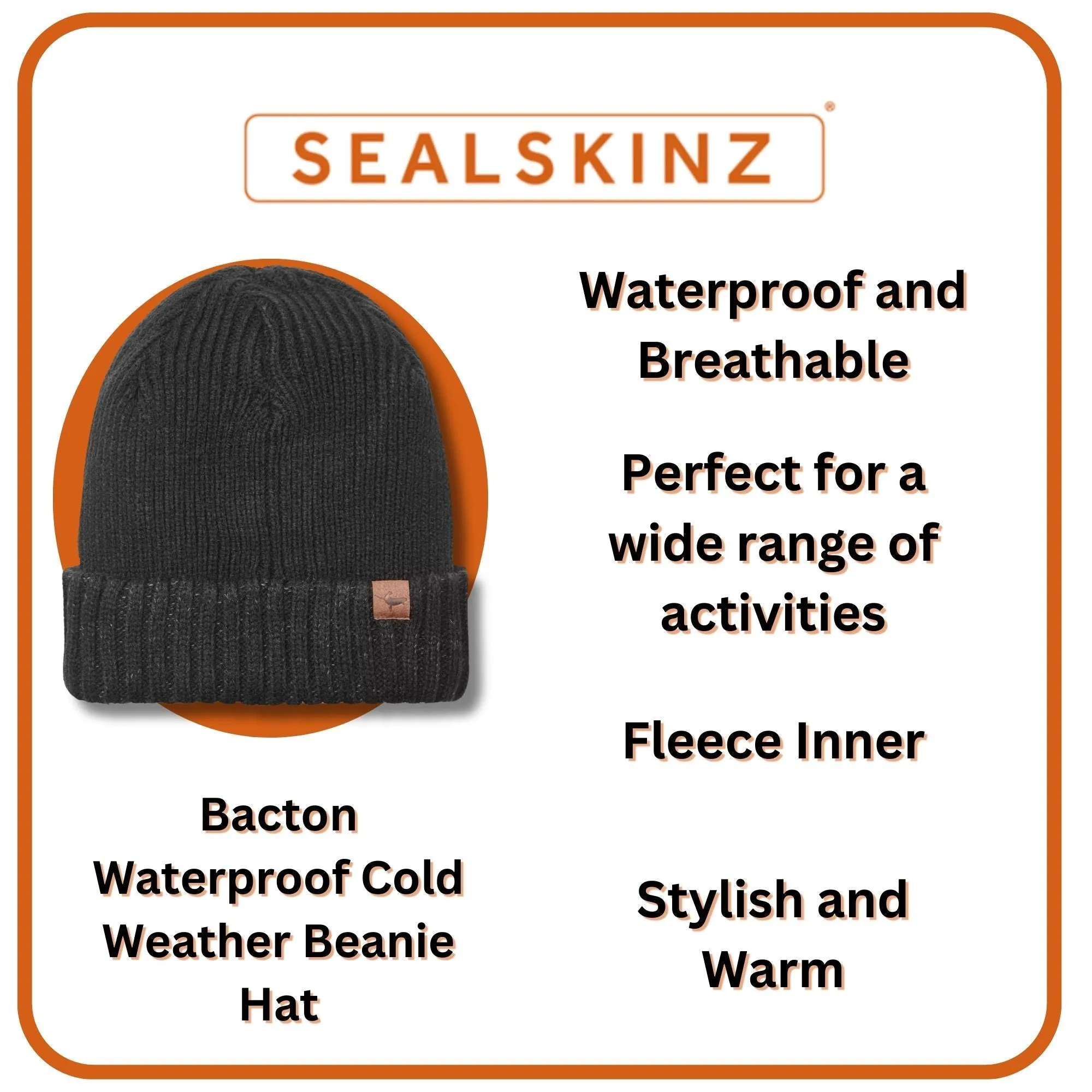 Mens Waterproof Cold Weather Roll Cuff Beanie Hat