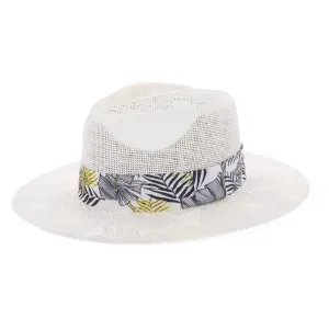 Men's White Straw Fedora With Printed Band & Brim