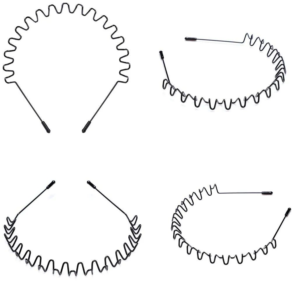Metal Headbands, 2 Pack Fashion Unisex Black Hairband Spring Wave Non Slip Sports Headwear Hair Hoop Hair Accessories (2 Pack)