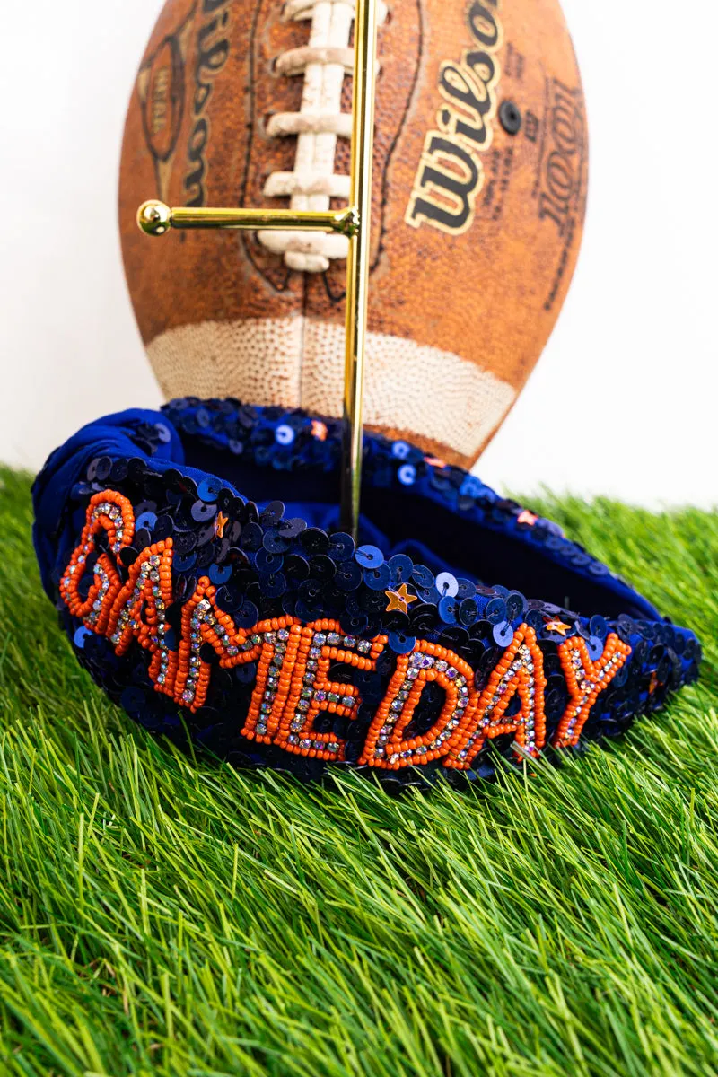 Navy and Orange Gameday Seed Bead Sequin Knotted Headband