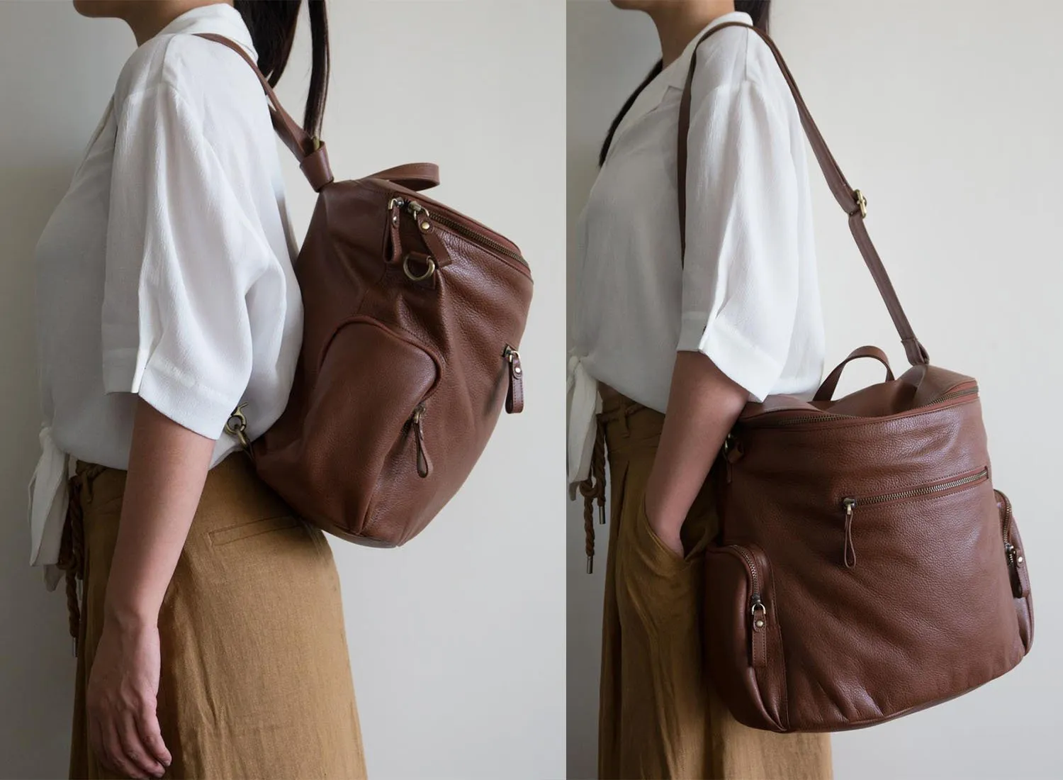 Noa Leather Bucket Backpack in Dark Brown