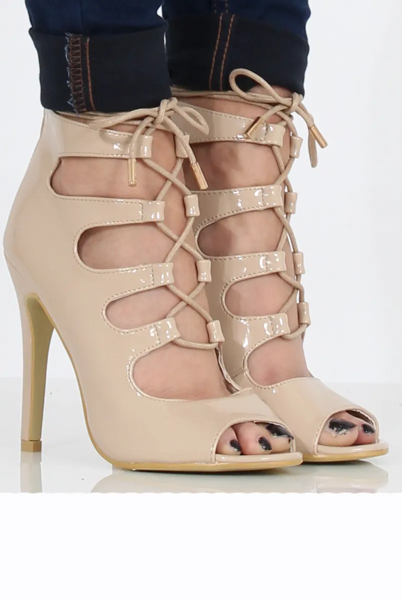 Nude Patent Lace Up Heels - Angelina