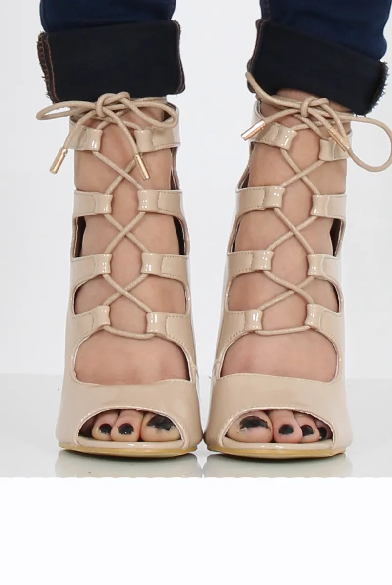 Nude Patent Lace Up Heels - Angelina