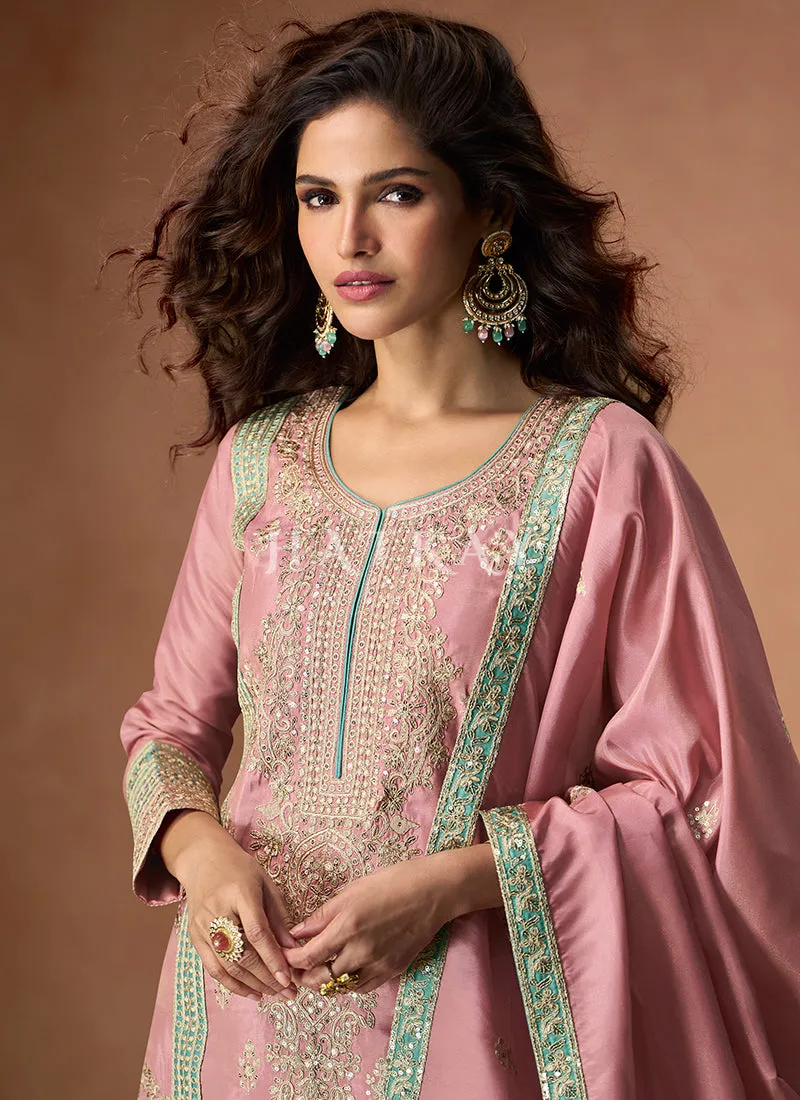 Pastel Pink Multi Embroidered Palazzo Suit