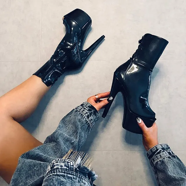 Patnet Leather Shoes Women Zipper Platform Peep Toe