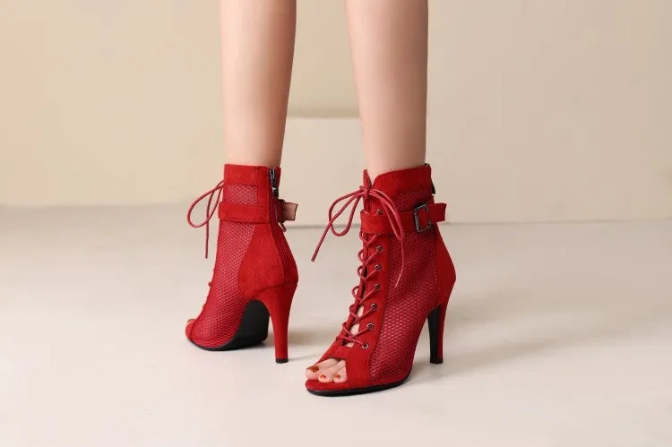 Peep Toe Hollow Mesh Cross Lace-up Buckle Heels