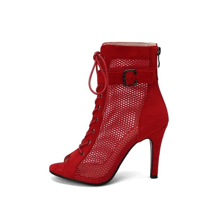 Peep Toe Hollow Mesh Cross Lace-up Buckle Heels