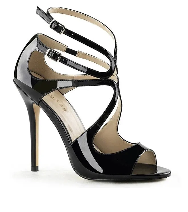 Peep Toe Shiny Black Ankle Strap Elegant Stiletto Heels