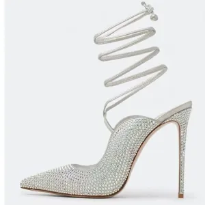 Pointed Toe Lace Up Crystals Slingback Pumps Shoes