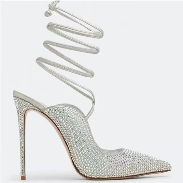 Pointed Toe Lace Up Crystals Slingback Pumps Shoes