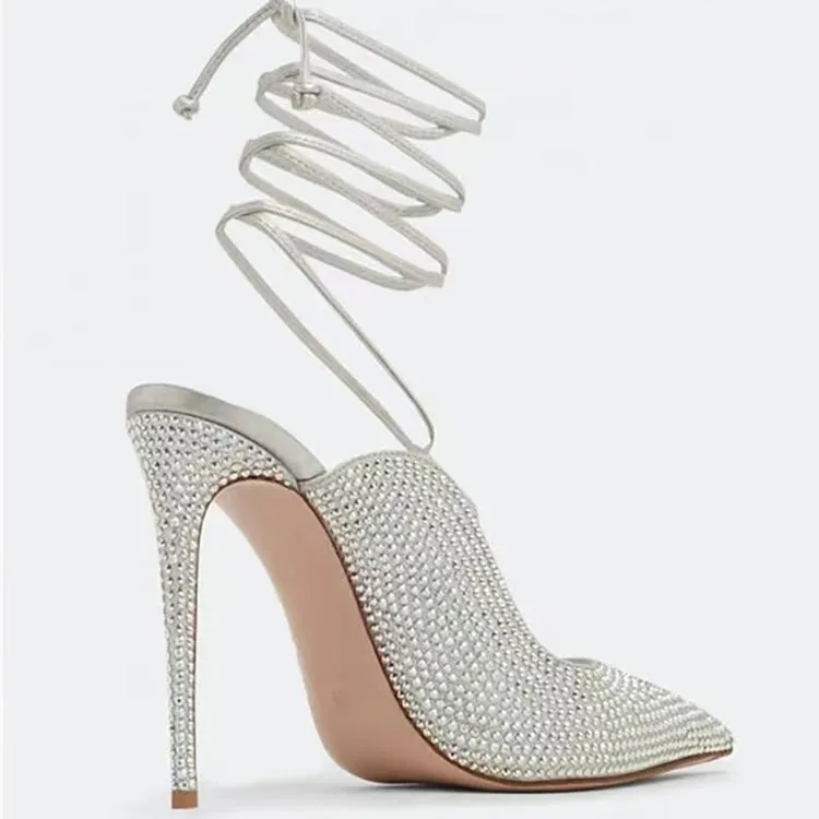 Pointed Toe Lace Up Crystals Slingback Pumps Shoes