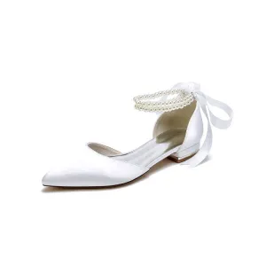 Pointed Toe Pearl Ribbon Ankle Strap Kitten Heels