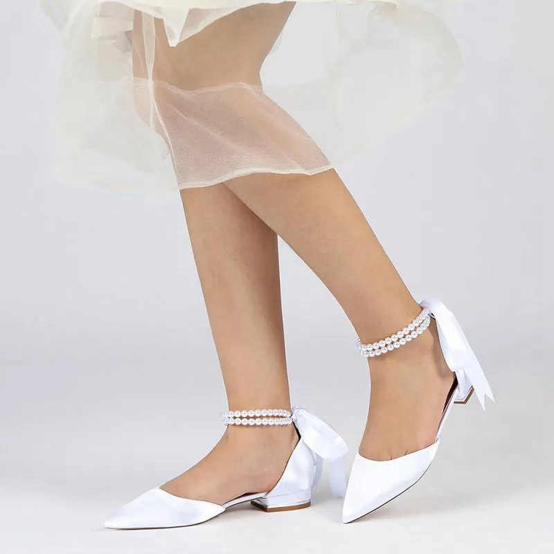 Pointed Toe Pearl Ribbon Ankle Strap Kitten Heels