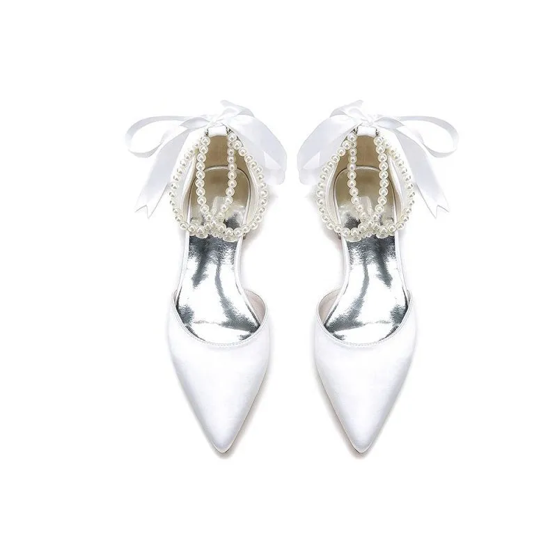 Pointed Toe Pearl Ribbon Ankle Strap Kitten Heels