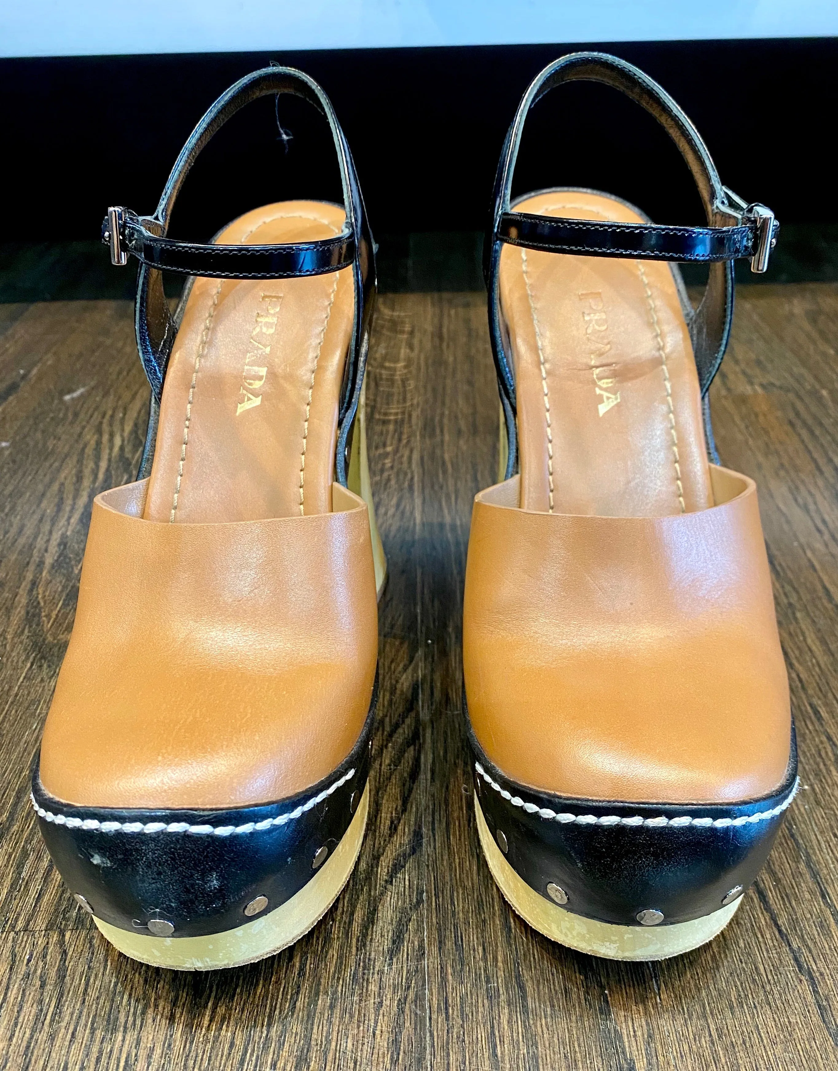 Prada Wooden-Heeled Leather Platform Sandals