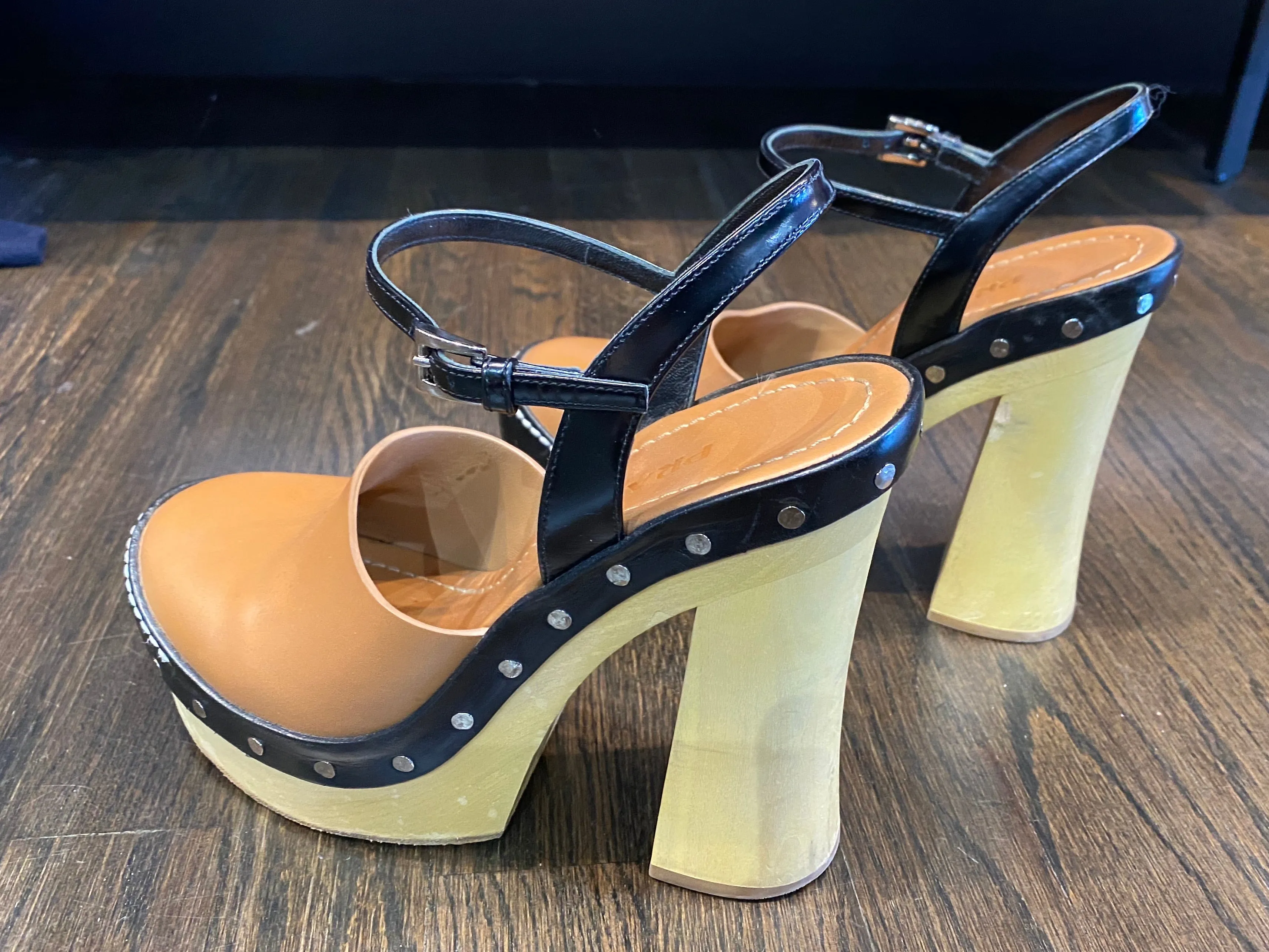 Prada Wooden-Heeled Leather Platform Sandals