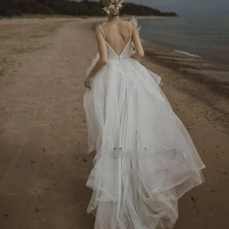 Princess Bohemian Rustic Bridal Gown Sleeveless Spaghetti Strap Beach Wedding Dress For Women OKZ30