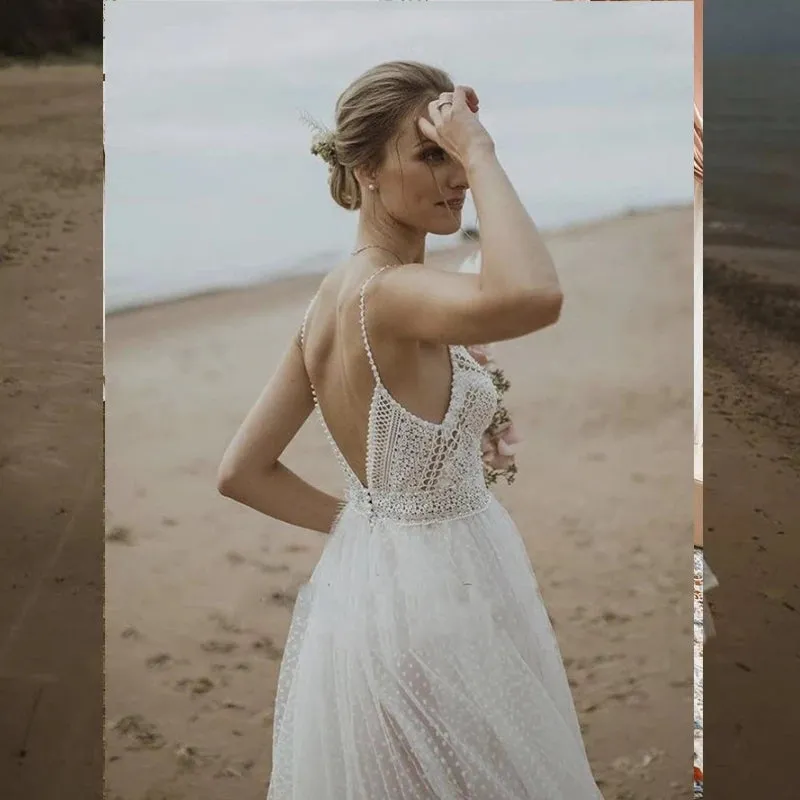 Princess Bohemian Rustic Bridal Gown Sleeveless Spaghetti Strap Beach Wedding Dress For Women OKZ30