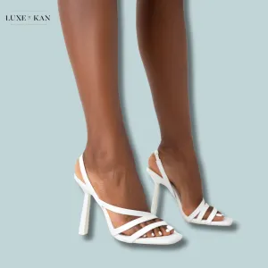 PUBLIC DESIRE ROXIE WHITE PU ASYMMETRIC STRAP SQUARE TOE STILETTO HEELS