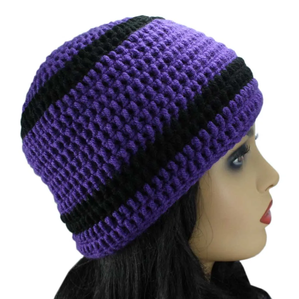 Purple and Black Crochet Beanie Hat Medium/Large - JMCH05