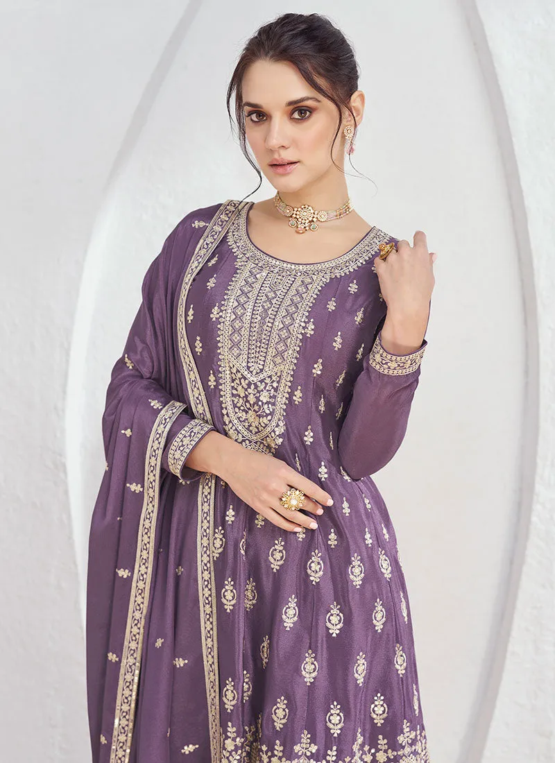 Purple Sequence Embroidery Anarkali Style Palazzo Suit