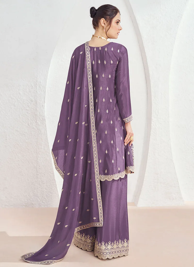 Purple Sequence Embroidery Anarkali Style Palazzo Suit