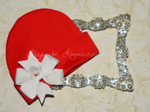 Red Beanie Hat with Pinwheel Bow