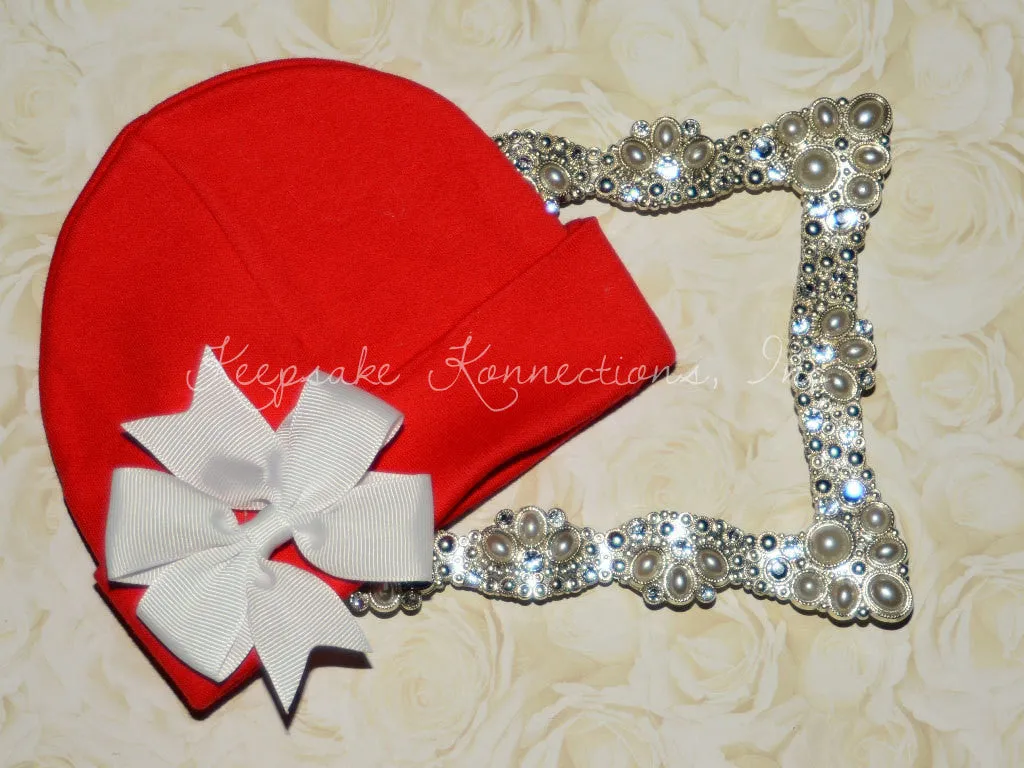 Red Beanie Hat with Pinwheel Bow