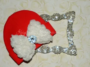 Red Beanie Hat with Rosette Bow