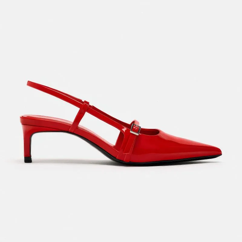 Red Patent Pointed Toe Slingback Kitten Heels