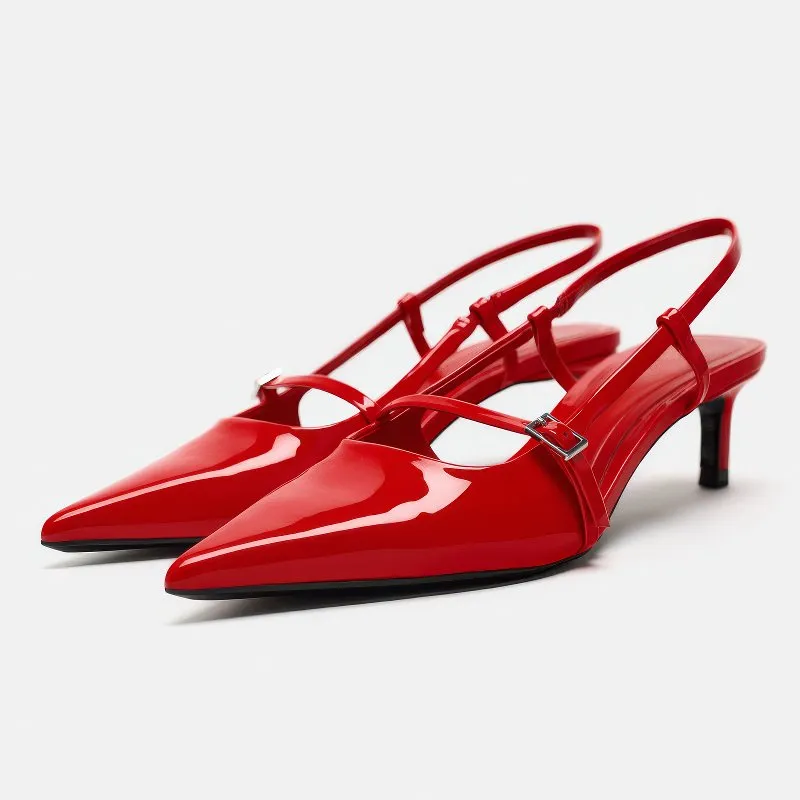 Red Patent Pointed Toe Slingback Kitten Heels