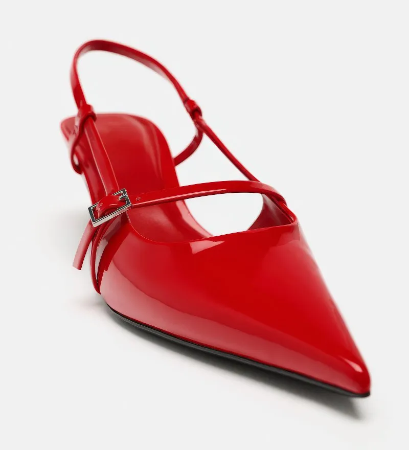 Red Patent Pointed Toe Slingback Kitten Heels
