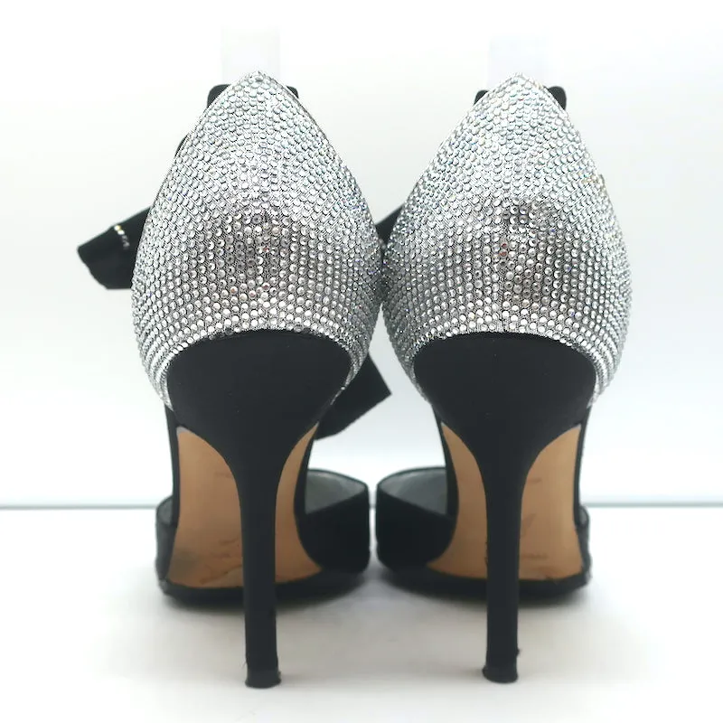 Rene Caovilla Crystal-Embellished Ankle Tie d'Orsay Pumps Black Satin Size 37.5