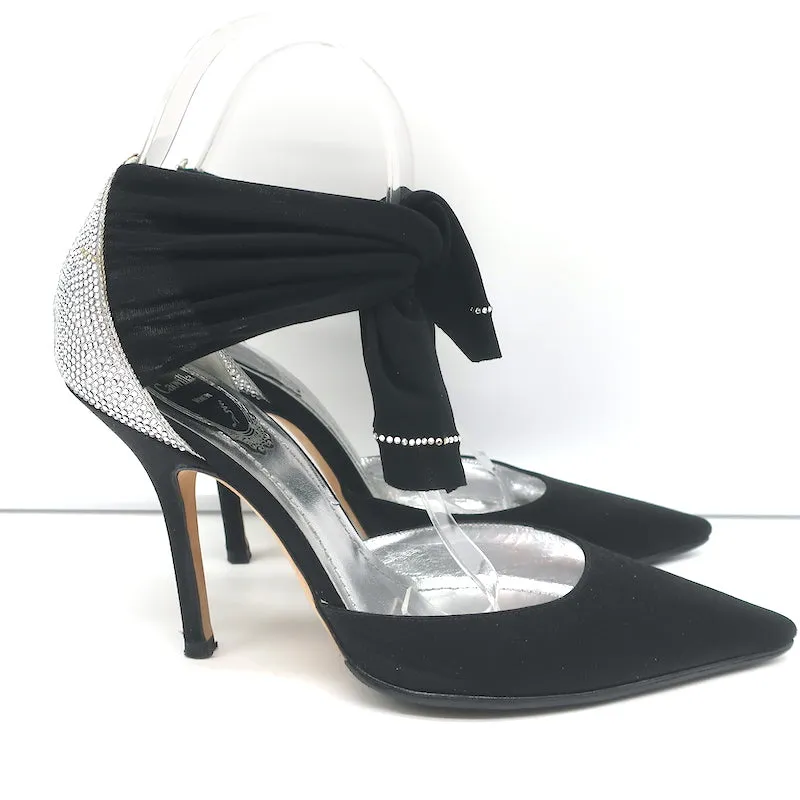 Rene Caovilla Crystal-Embellished Ankle Tie d'Orsay Pumps Black Satin Size 37.5