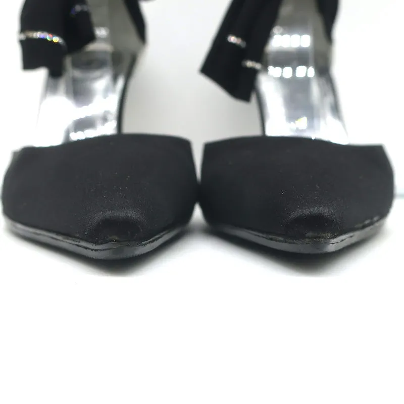 Rene Caovilla Crystal-Embellished Ankle Tie d'Orsay Pumps Black Satin Size 37.5