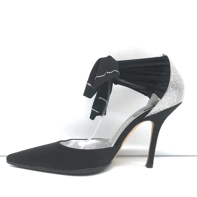 Rene Caovilla Crystal-Embellished Ankle Tie d'Orsay Pumps Black Satin Size 37.5