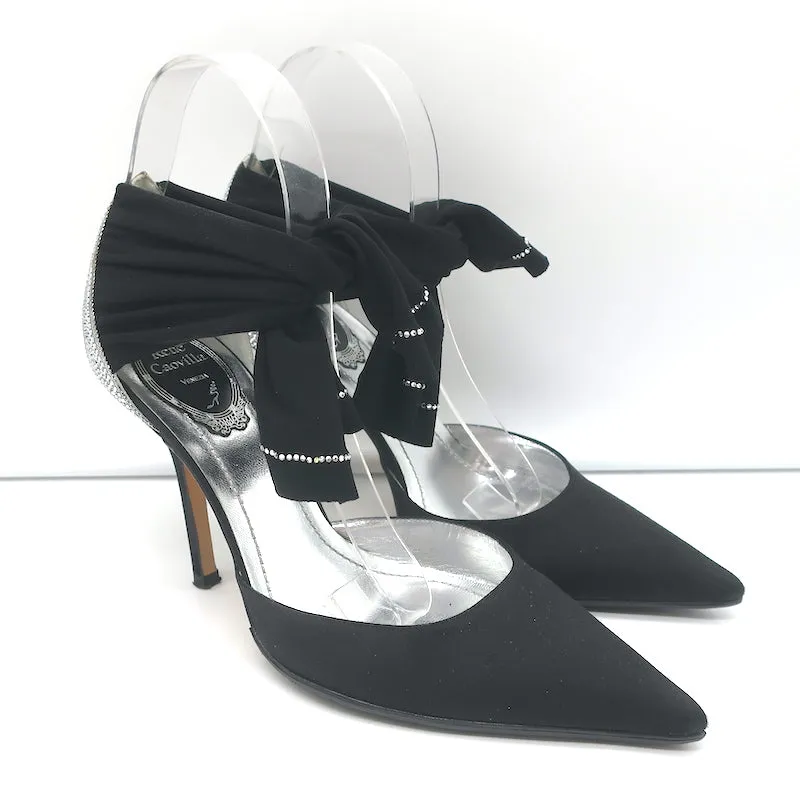 Rene Caovilla Crystal-Embellished Ankle Tie d'Orsay Pumps Black Satin Size 37.5