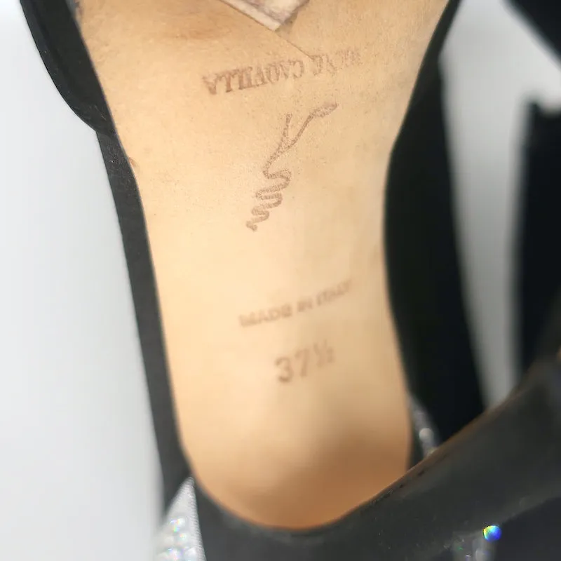 Rene Caovilla Crystal-Embellished Ankle Tie d'Orsay Pumps Black Satin Size 37.5
