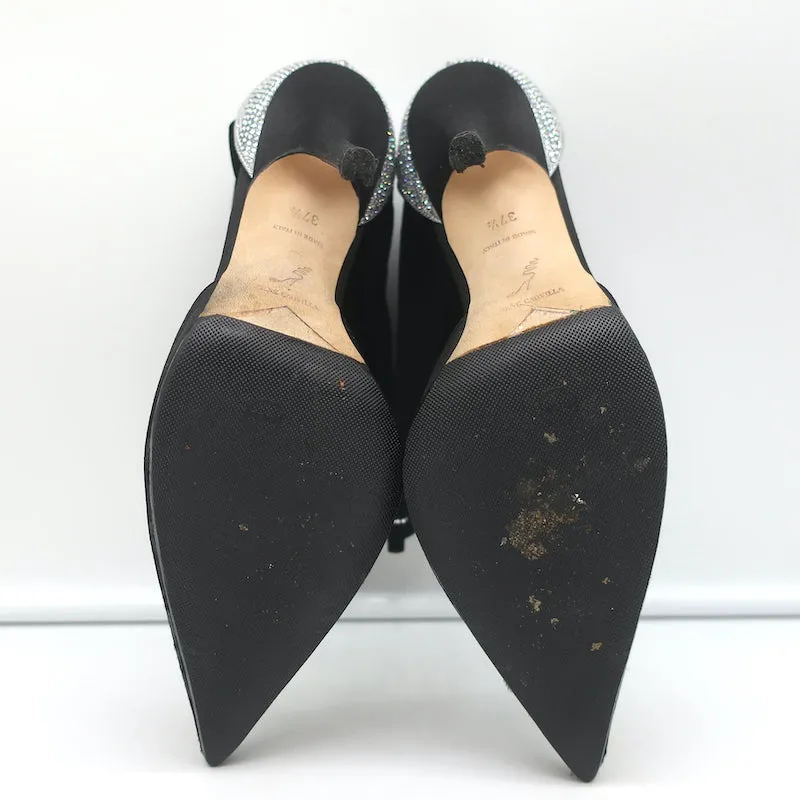 Rene Caovilla Crystal-Embellished Ankle Tie d'Orsay Pumps Black Satin Size 37.5