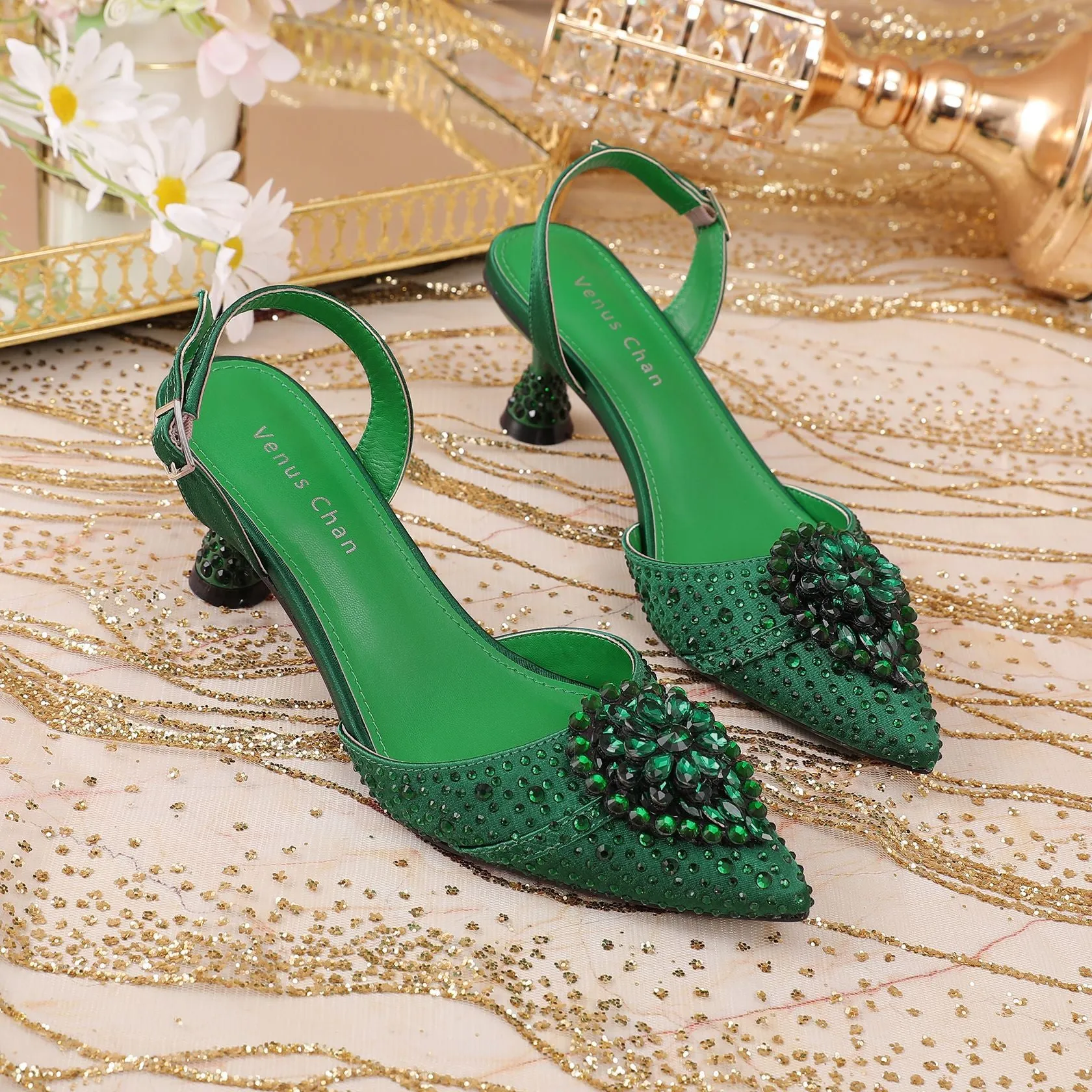 Rhinestone Point Toe Flare Heel Slingback Pumps