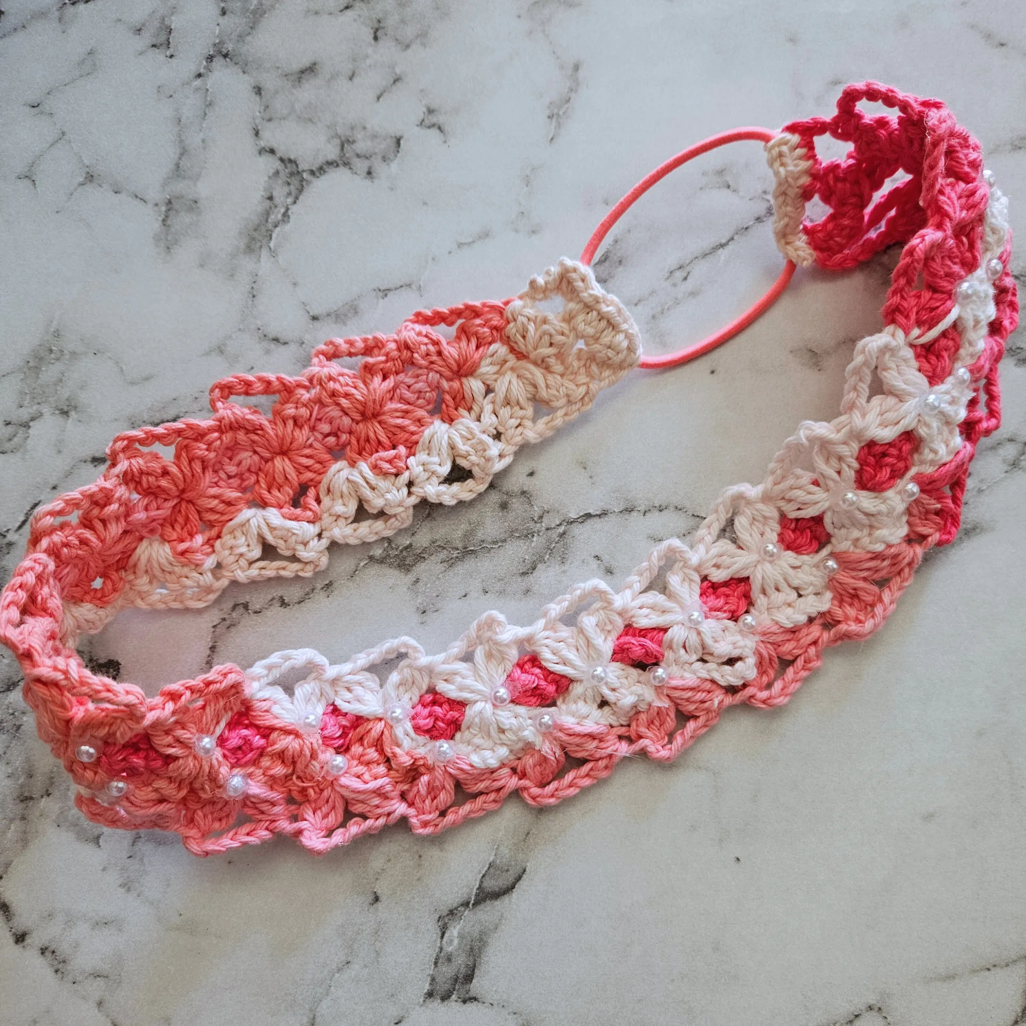 Rita Rosa Seashell Crochet Headbands: Petal Pink Blooms with Pearls
