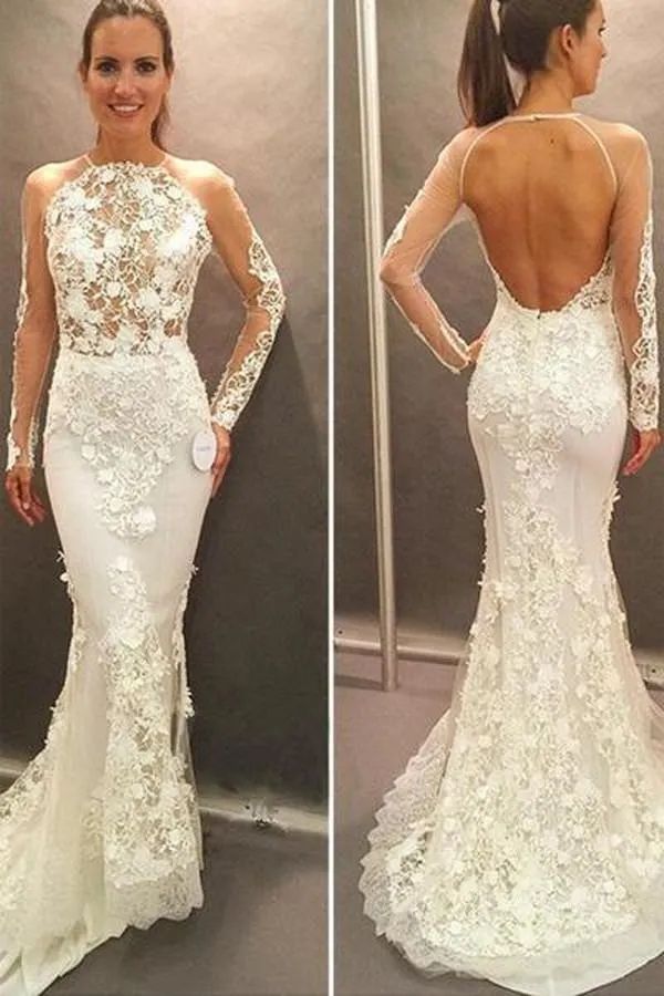 Roycebridal Gorgeous Lace Mermaid Long Sleeve Open Back Wedding Dress Bridal Dresses, MW182