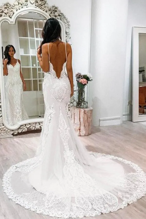 Roycebridal Gorgeous White Spaghetti Straps Lace Tulle Mermaid Court Train Wedding Dresses, MW239