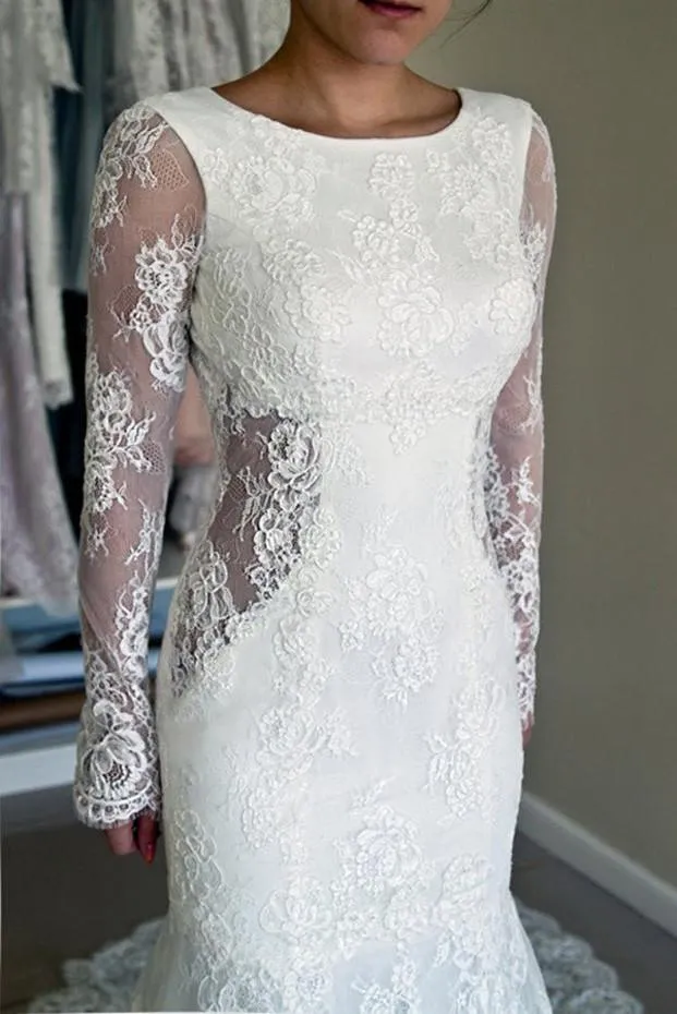 Roycebridal White Lace Mermaid Long Sleeve Backless Wedding Dresses with Sweep Train, MW181