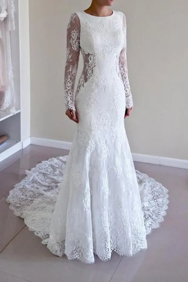 Roycebridal White Lace Mermaid Long Sleeve Backless Wedding Dresses with Sweep Train, MW181