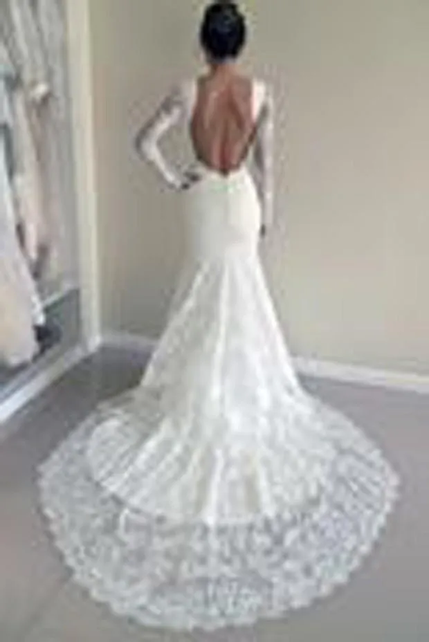 Roycebridal White Lace Mermaid Long Sleeve Backless Wedding Dresses with Sweep Train, MW181
