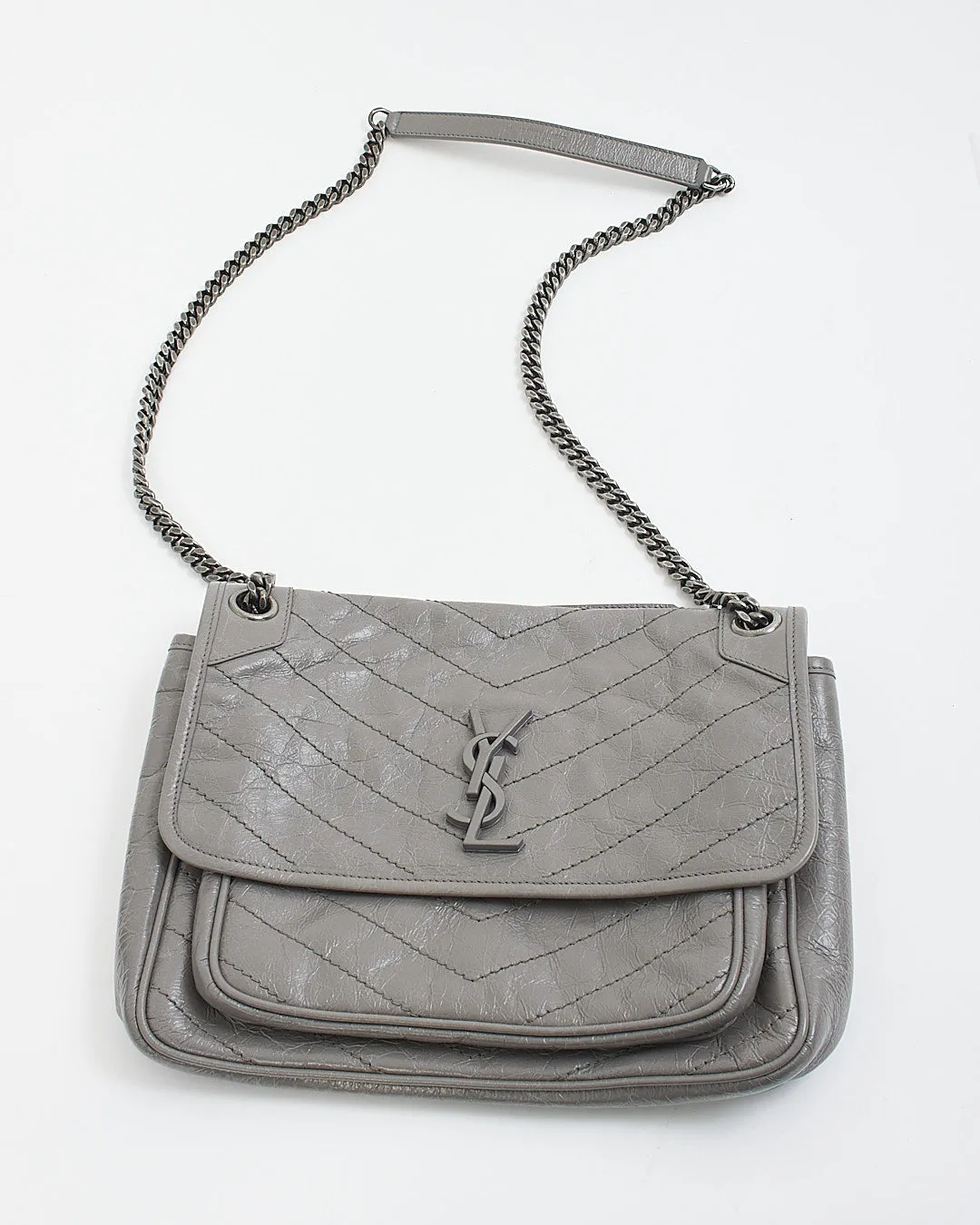 Saint Laurent Grey Storm Crinkled Leather Medium Nikki Chain Bag